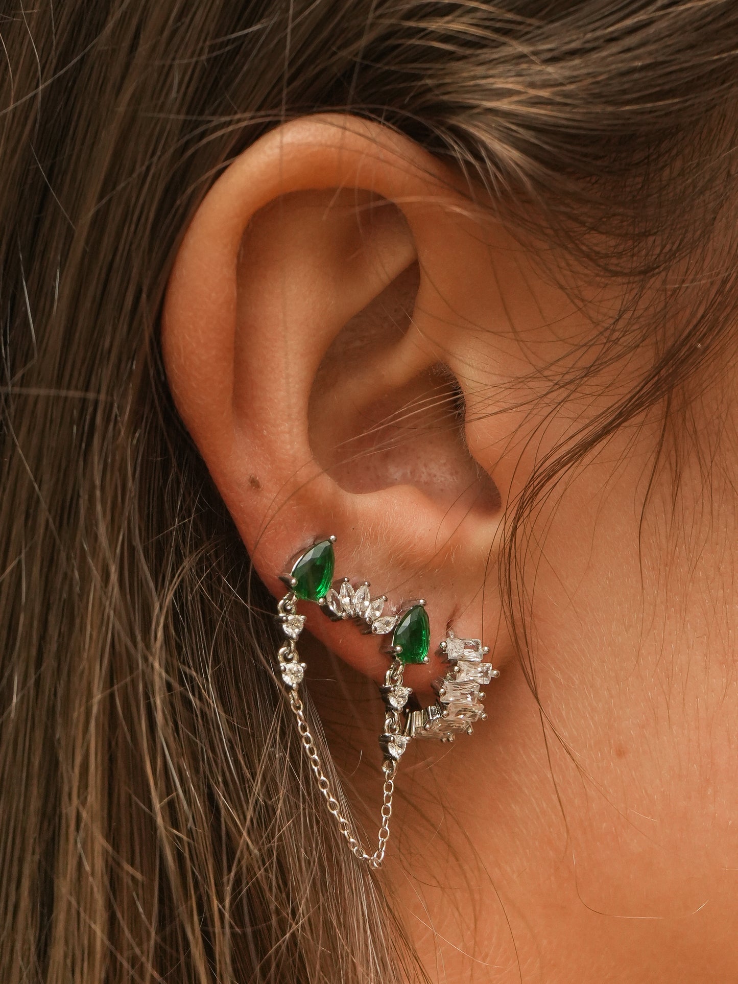 Emeralds Silver Chain Studs