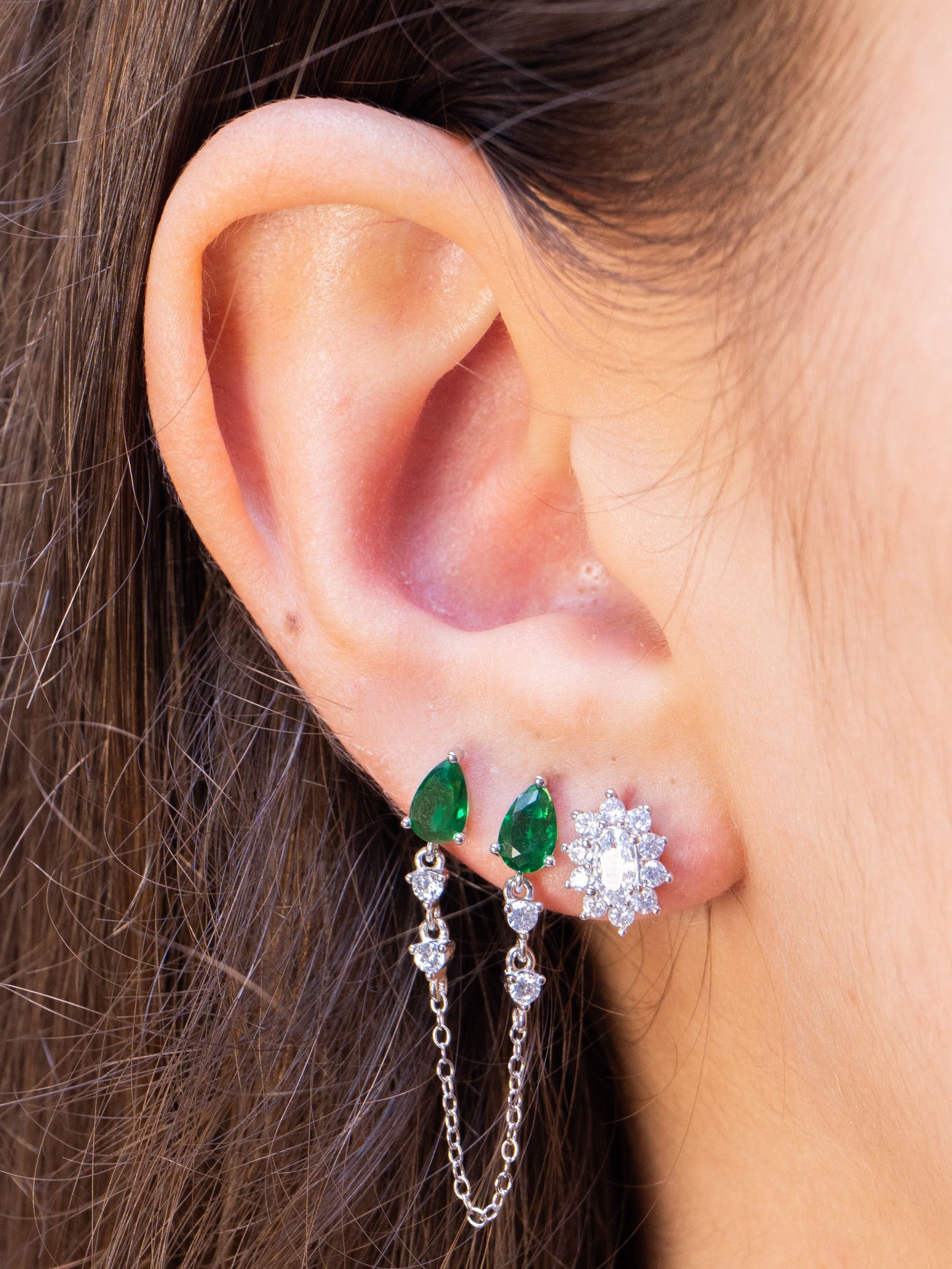 Emeralds Silver Chain Studs