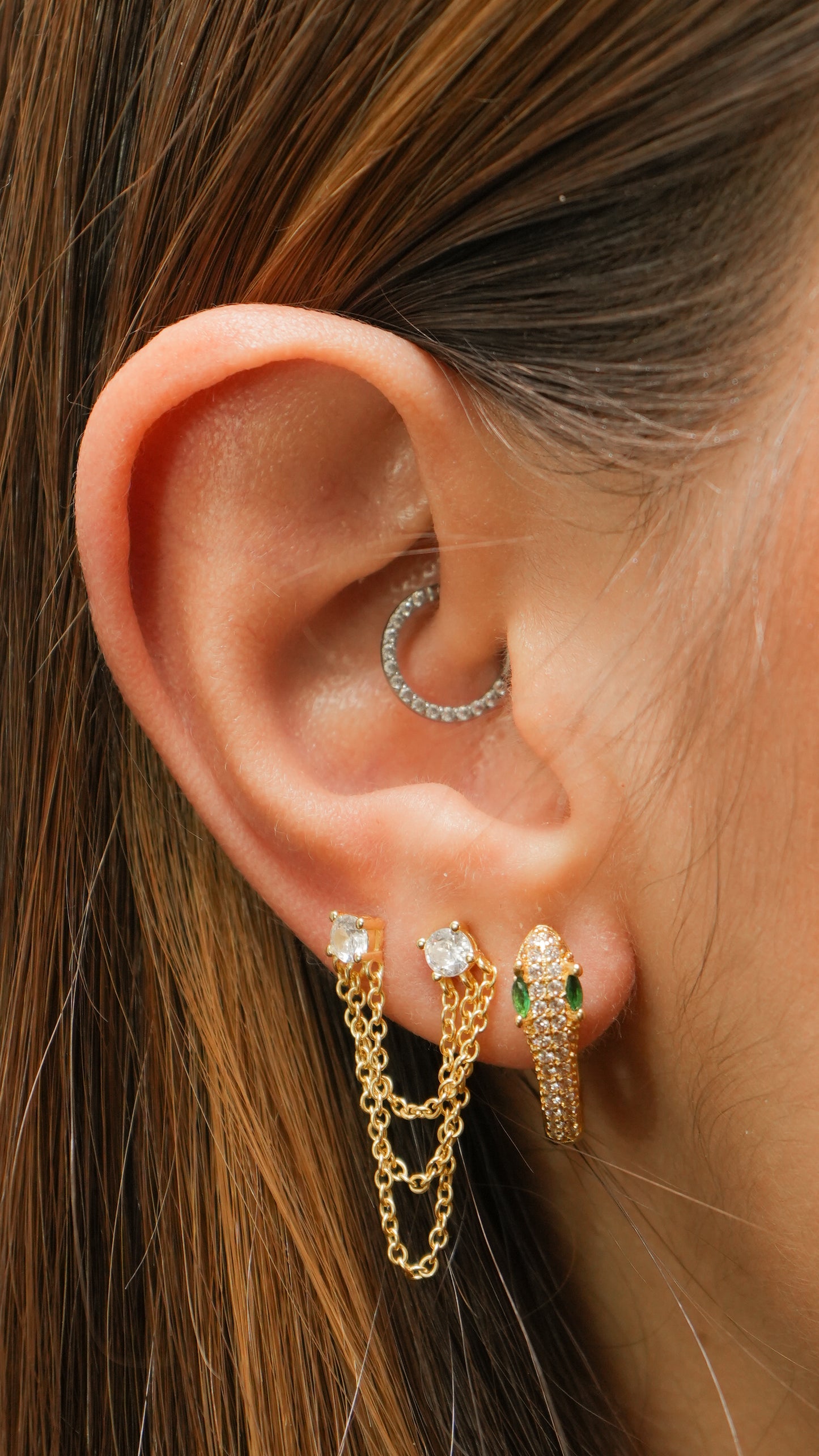 Gold Studs Triple Chain